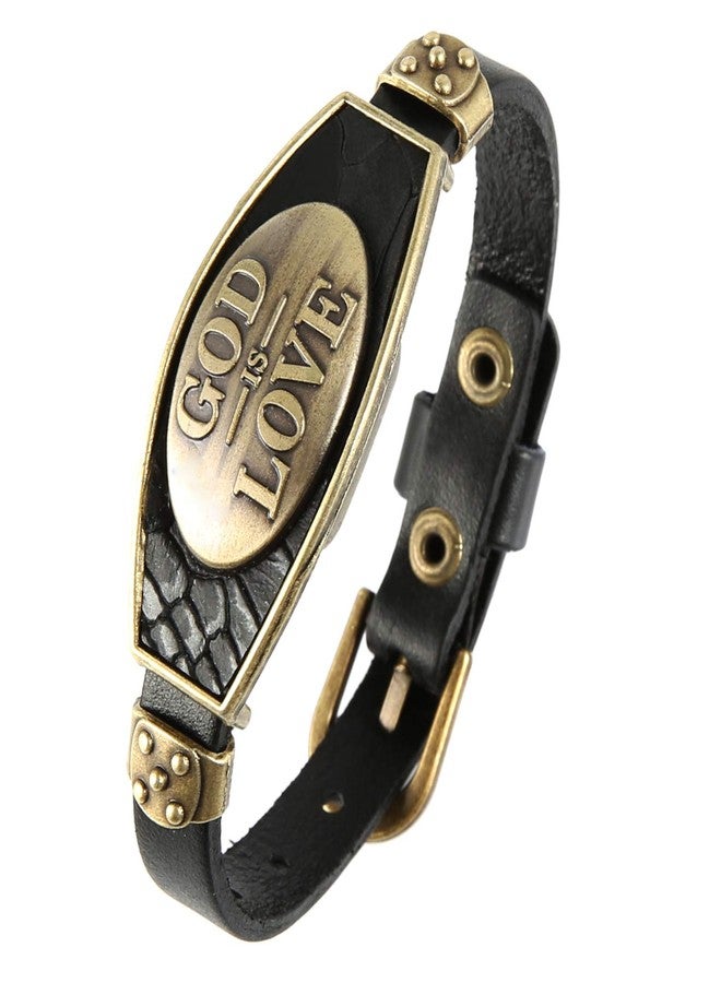 STWTR Punk Alloy Leather Bracelet Men's Fashion Personality Bracelet Wristband Adjustable Black (God is love) - Image 1