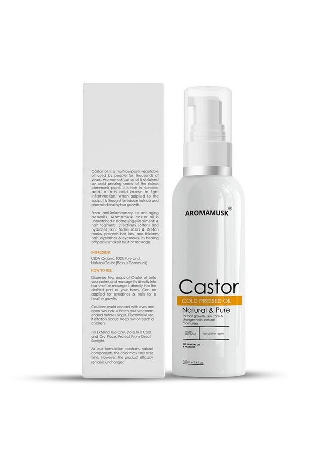 AromaMusk - Usda Organic 100% Pure Cold Pressed Castor Oil For Hair Growth, Skin Care, Strong Nails & Eyelashes, 100Ml - Image 1