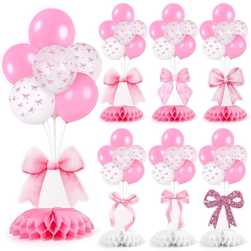 YLOLUL 6 Set Pink Bow Birthday Decoration for Table Baby Girl Shower Decorations Pink Bow Balloon Table Centerpiece with Balloons Stand Kit Honeycomb Centerpiece for Girls Birthday Wedding Party Supply - Image 1
