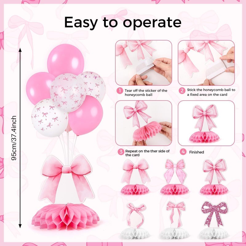 YLOLUL 6 Set Pink Bow Birthday Decoration for Table Baby Girl Shower Decorations Pink Bow Balloon Table Centerpiece with Balloons Stand Kit Honeycomb Centerpiece for Girls Birthday Wedding Party Supply - Image 3