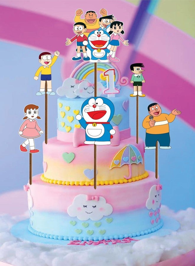 Creative Props Doraemon Cake Topper Set, Rainbow Birthday Theme Decorations, 6 Character Figures with Stands - Image 5