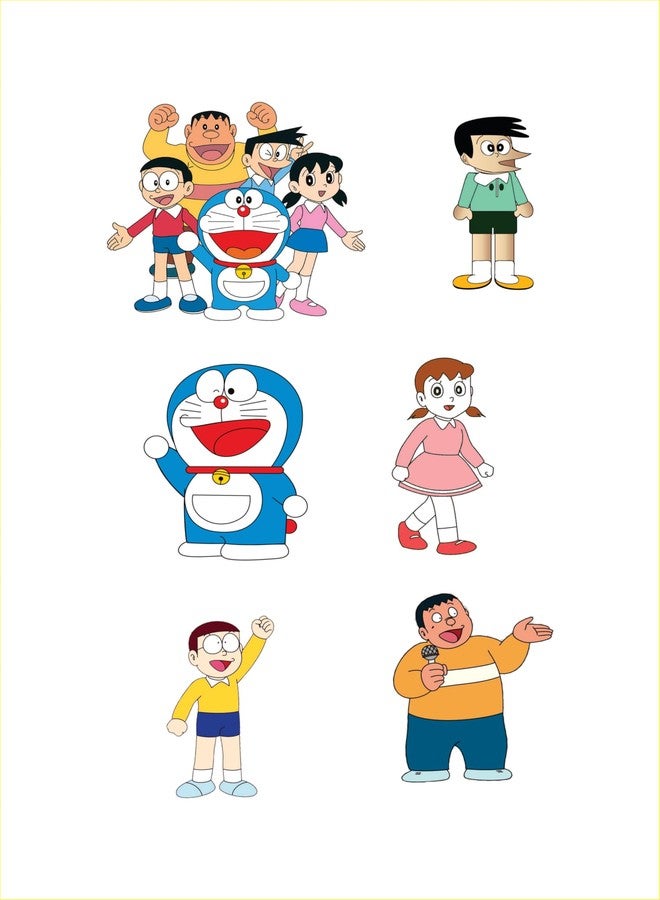 Creative Props Doraemon Cake Topper Set, Rainbow Birthday Theme Decorations, 6 Character Figures with Stands - Image 1