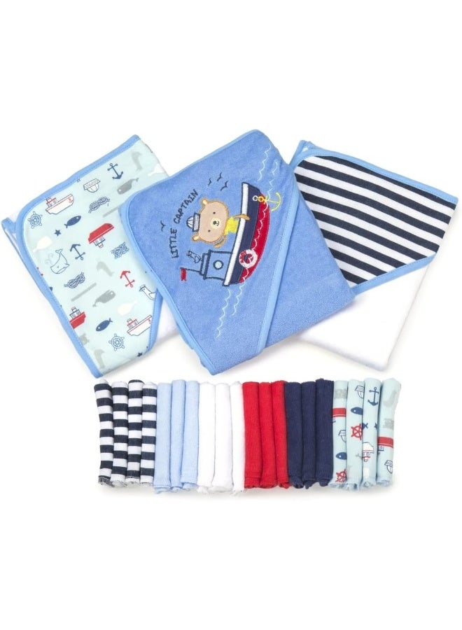 Spasilk Bath Hooded Towels & Washcloths Set For Babies, 23-Piece Gift Set, Navy Nautical - Image 1