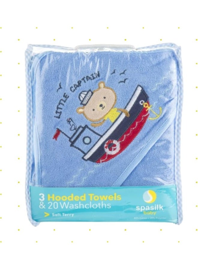 Spasilk Bath Hooded Towels & Washcloths Set For Babies, 23-Piece Gift Set, Navy Nautical - Image 3