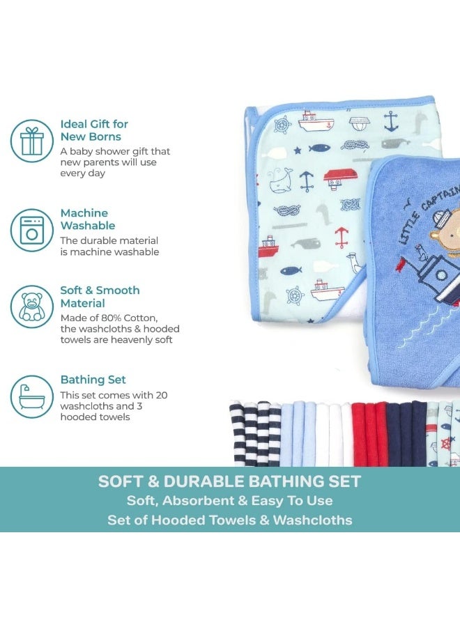 Spasilk Bath Hooded Towels & Washcloths Set For Babies, 23-Piece Gift Set, Navy Nautical - Image 4