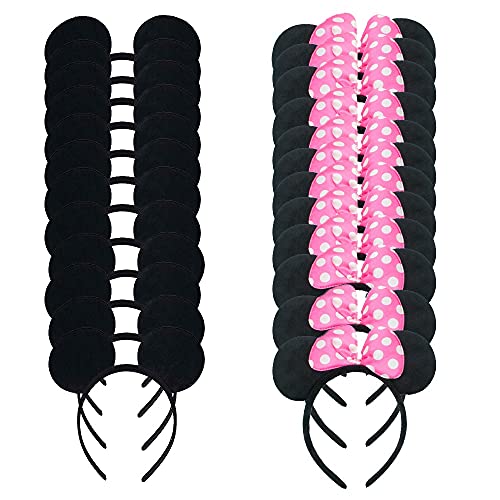 LEEMASING 24 Pack Mouse Costume Deluxe Fabric Ears Headband Birthday Hairs Accessories Baby Shower Headwear Pink Black - Image 1