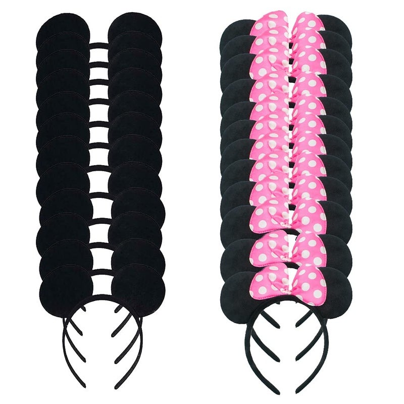 LEEMASING 24 Pack Mouse Costume Deluxe Fabric Ears Headband Birthday Hairs Accessories Baby Shower Headwear Pink Black - Image 2