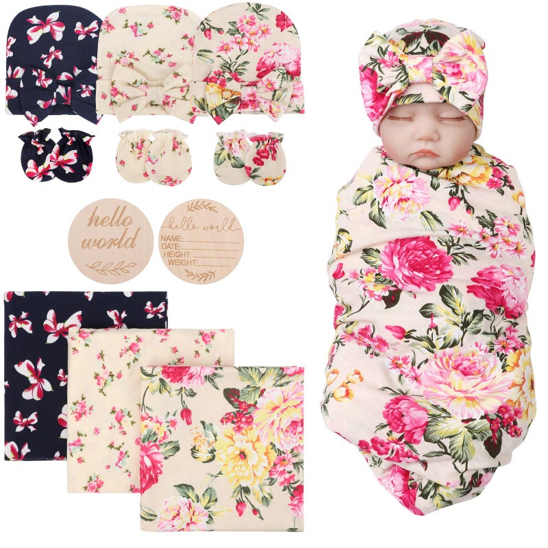 GRSSDER GRSSDER Newborn Swaddle Blanket  Ultra Soft Jersey Receiving Blanket with Matching Headband and Beanie Set  Stretchy Baby Swaddle 47?47 ""  Extra Large Nursery Swaddle Wrap for Girls and Boys - Image 1