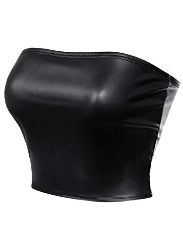 MixMatchy Women's PU Leather Crop Tube Top Strapless Sleeveless Sexy Party Clubwear Tops Black M - Image 1