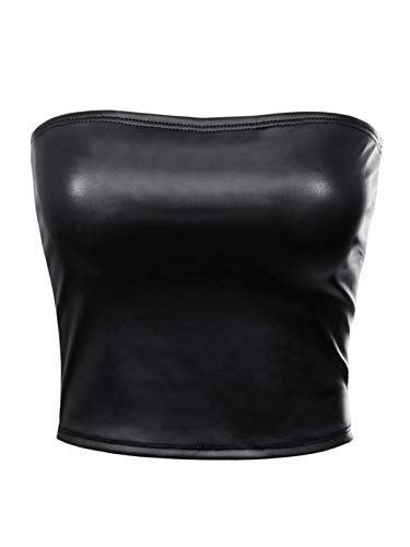 MixMatchy Women's PU Leather Crop Tube Top Strapless Sleeveless Sexy Party Clubwear Tops Black M - Image 2