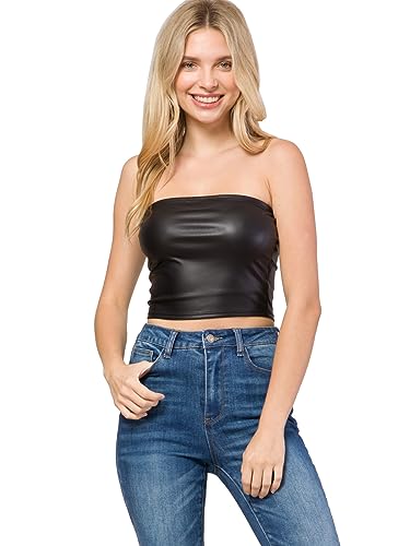 MixMatchy Women's PU Leather Crop Tube Top Strapless Sleeveless Sexy Party Clubwear Tops Black M - Image 4