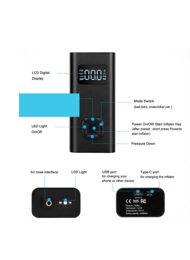 Crony مضخة هواء كهربائية محمولة 12 فولت 150 PSI قابلة لإعادة الشحن 6500 مللي أمبير مضخة هواء للسيارة مضخة إطارات السيارة بدون سلك ضاغط محمول - Image 4
