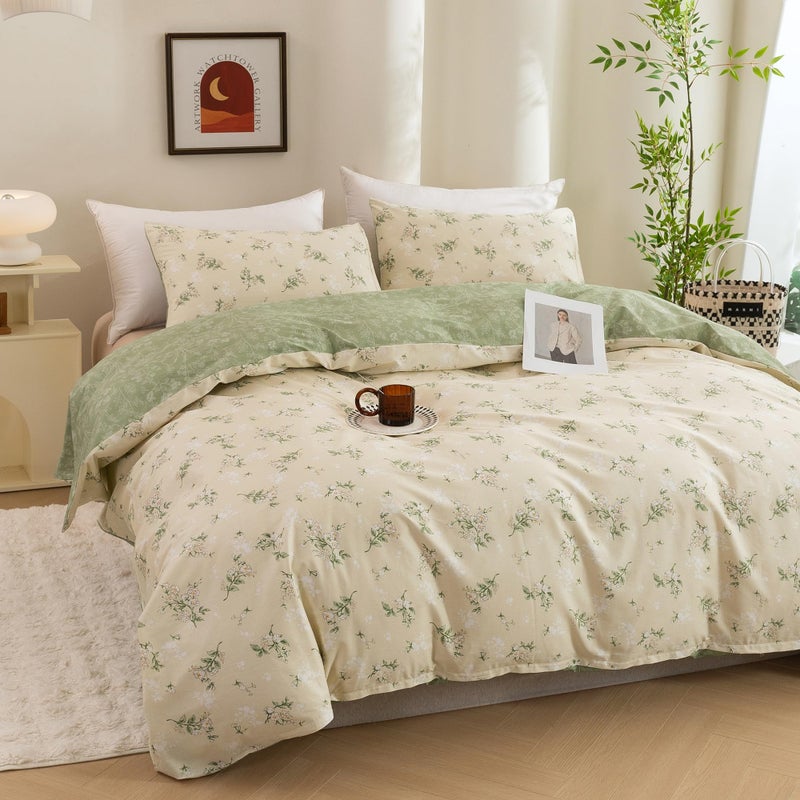 ECOCOTT غطاء لحاف مقاس كينج من ECOCOTT - طقم غطاء لحاف مزين بالزهور الخضراء قابل للعكس، غطاء لحاف فائق النعومة وقابل للتنفس مع إغلاق بسحاب، طقم مفروشات مكون من 4 ربطات للفتيات والنساء - Image 3