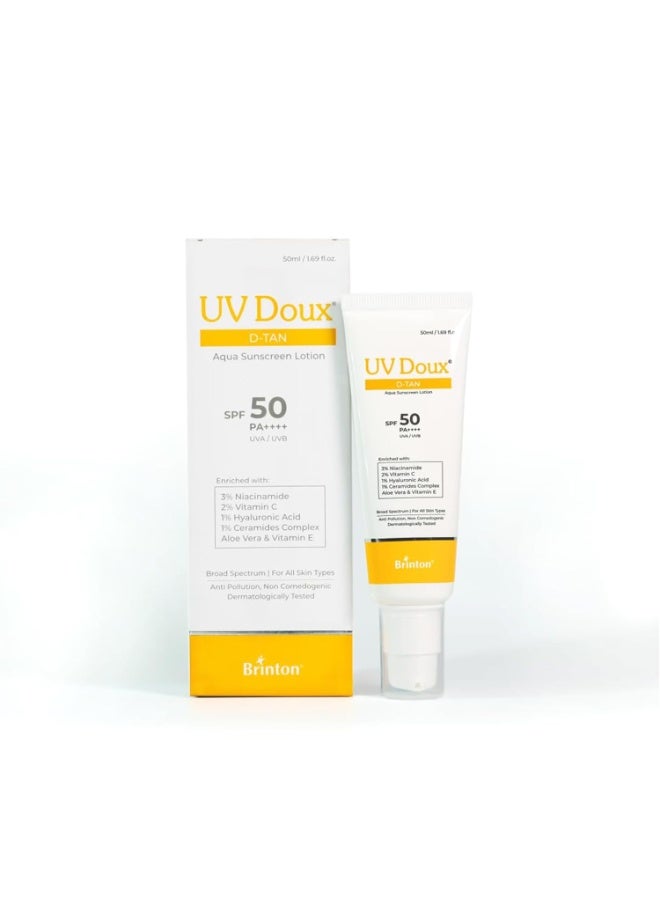 Brinton UV Doux D-Tan Aqua Sunscreen Lotion SPF 50 PA++++ | With Niacinamide, Vitamin C, Hyaluronic Acid, Ceramide, Aloe Vera & Vitamin E | Broad Spectrum | Benzene-Free | For Dry & Sensitive Skin | 50 ml - Image 1
