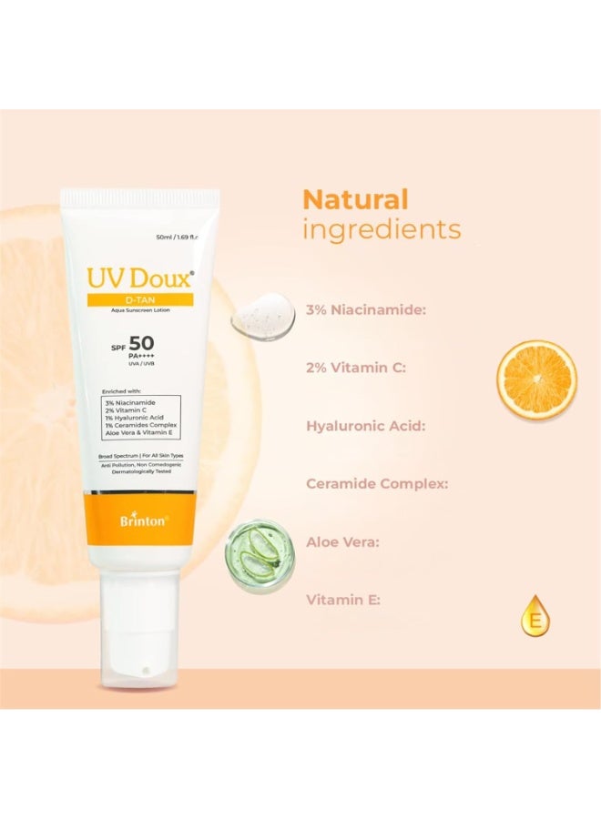 Brinton UV Doux D-Tan Aqua Sunscreen Lotion SPF 50 PA++++ | With Niacinamide, Vitamin C, Hyaluronic Acid, Ceramide, Aloe Vera & Vitamin E | Broad Spectrum | Benzene-Free | For Dry & Sensitive Skin | 50 ml - Image 2