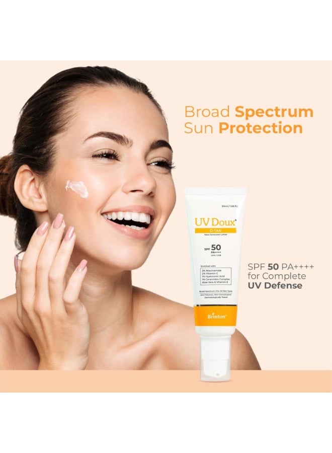 Brinton UV Doux D-Tan Aqua Sunscreen Lotion SPF 50 PA++++ | With Niacinamide, Vitamin C, Hyaluronic Acid, Ceramide, Aloe Vera & Vitamin E | Broad Spectrum | Benzene-Free | For Dry & Sensitive Skin | 50 ml - Image 5