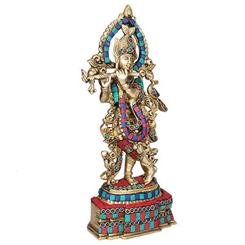 Kartique Brass Krishna Bhagwan Idol Playing Flute Decorated with Color Stone Work Height 13.5 Inches - Image 2