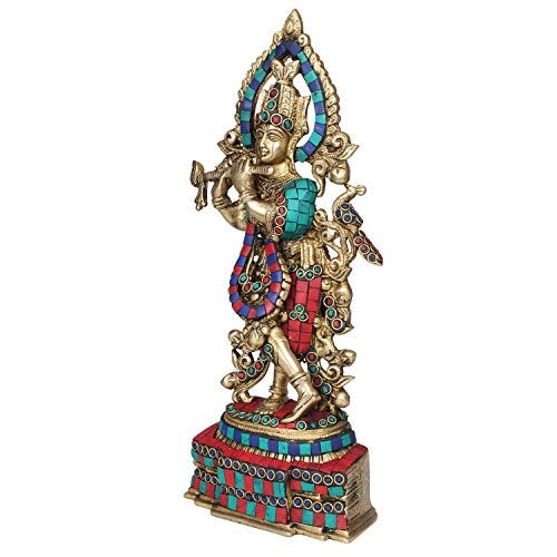 Kartique Brass Krishna Bhagwan Idol Playing Flute Decorated with Color Stone Work Height 13.5 Inches - Image 3