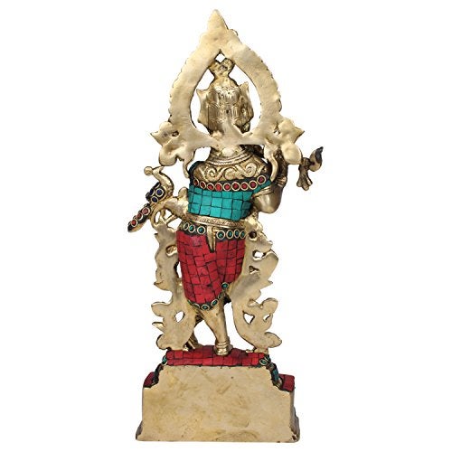 Kartique Brass Krishna Bhagwan Idol Playing Flute Decorated with Color Stone Work Height 13.5 Inches - Image 5