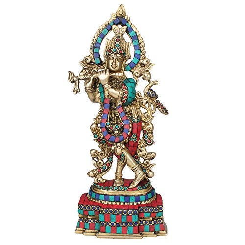 Kartique Brass Krishna Bhagwan Idol Playing Flute Decorated with Color Stone Work Height 13.5 Inches - Image 1