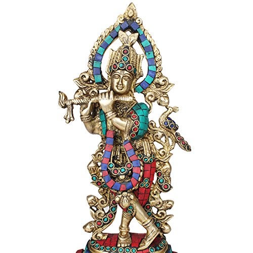 Kartique Brass Krishna Bhagwan Idol Playing Flute Decorated with Color Stone Work Height 13.5 Inches - Image 4