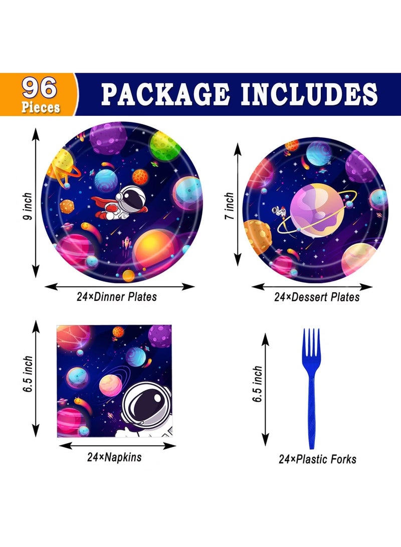 SYOSI Space Birthday Party Supplies Decorations, Outer Space Theme Paper Plates and Napkins Set for 24 Guests, 96 Pcs Disposable Galaxy Party Dessert Dinnerware - Image 5
