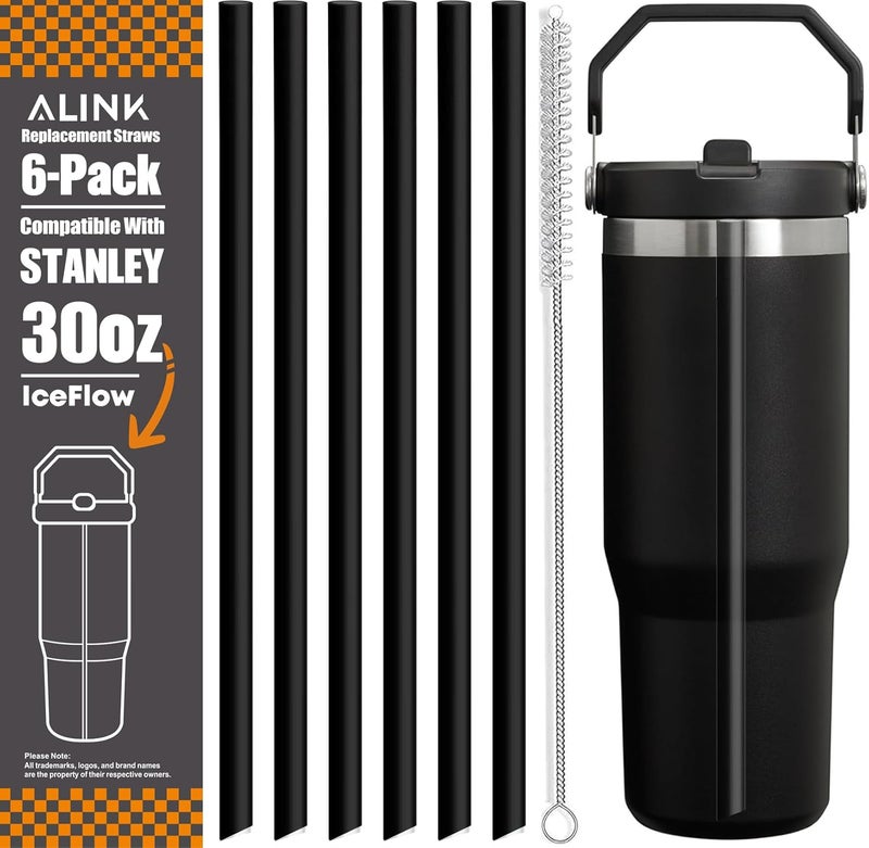 ALINK Replacement Straws for Stanley IceFlow Flip Straw Tumbler 30oz, 6 Pack Reusable Black Plastic Straws Compatible with 30oz IceFlow Cup with Cleaning Brush, Angled Design, Dishwasher Safe - Image 1