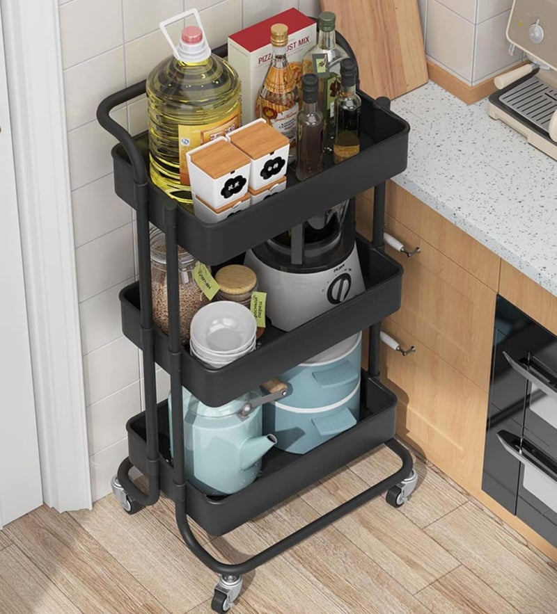 Sooyee 3 Tier Utility Cart,Rolling Cart with Handle and Lockable Wheels, Multi-Functional Storage Cart for Office, School,Living Room, Kitchen, Bathroom, Bedroom,Laundry,Black - Image 2