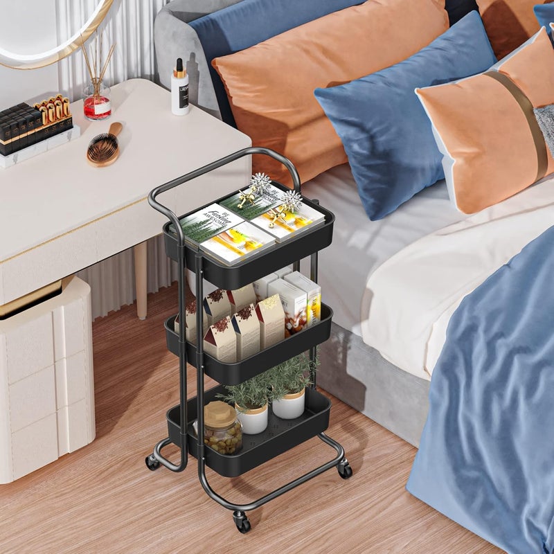 Sooyee 3 Tier Utility Cart,Rolling Cart with Handle and Lockable Wheels, Multi-Functional Storage Cart for Office, School,Living Room, Kitchen, Bathroom, Bedroom,Laundry,Black - Image 4