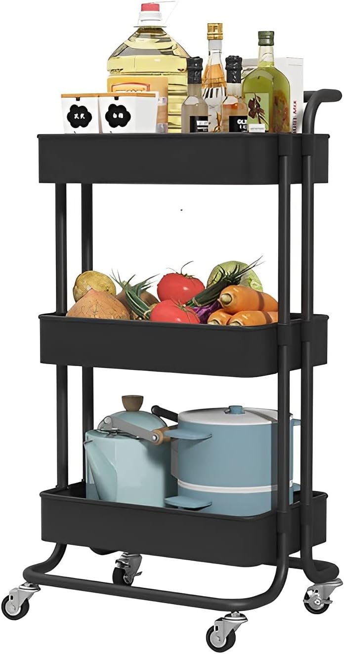 Sooyee 3 Tier Utility Cart,Rolling Cart with Handle and Lockable Wheels, Multi-Functional Storage Cart for Office, School,Living Room, Kitchen, Bathroom, Bedroom,Laundry,Black - Image 1