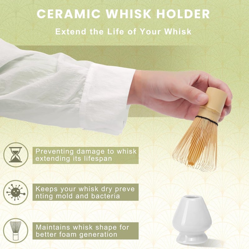 RANERANE Matcha Whisk Set, Ceramic Matcha Set Includes Matcha Bowl, Matcha Whisk (Chasen) and Holder, Sifter, Bamboo Scoop & Spoon - 6 Pcs Matcha Kit for Matcha Lovers White - Image 4