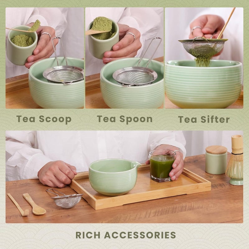 RANERANE Matcha Whisk Set, Ceramic Matcha Set Includes Matcha Bowl, Matcha Whisk (Chasen) and Holder, Sifter, Bamboo Scoop & Spoon - 6 Pcs Matcha Kit for Matcha Lovers White - Image 5