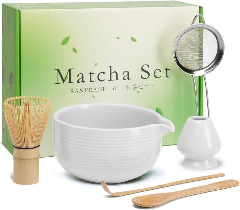 RANERANE Matcha Whisk Set, Ceramic Matcha Set Includes Matcha Bowl, Matcha Whisk (Chasen) and Holder, Sifter, Bamboo Scoop & Spoon - 6 Pcs Matcha Kit for Matcha Lovers White - Image 1