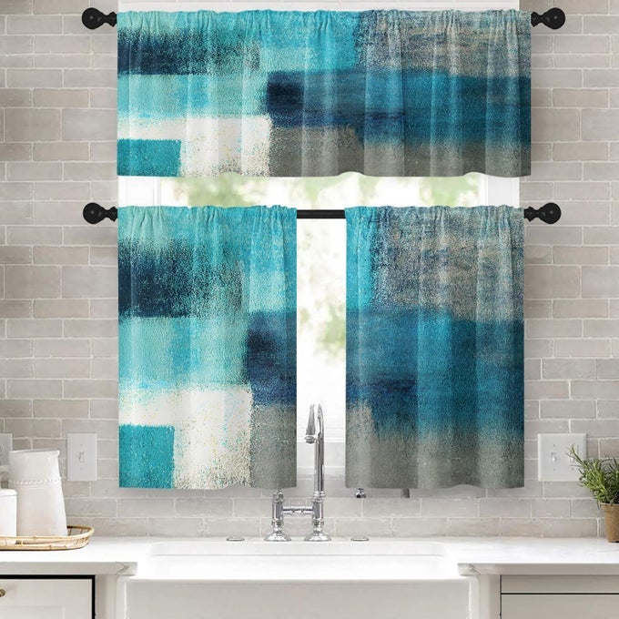 TURQUOISE KITCHEN WINDOW CURTAINS VALANCE AND TIER SET 36 INCH TEAL GREY MODERN ROD POCKET SHORT TIER CURTAIN ABSTRACT ART SMALL CAFE DRAPES FOR KITCHEN DECOR