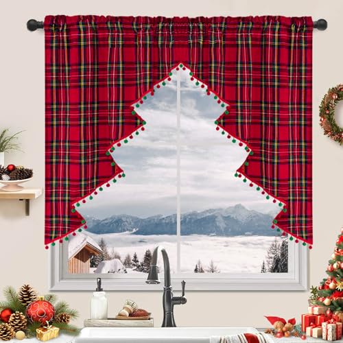 FRAMICS Christmas Tree Valance with Red and Green Pompom Buffalo Plaid Swag Tassel Rod Pocket for Kitchen Windows 52 W x 36 L 1 Panel - Image 1