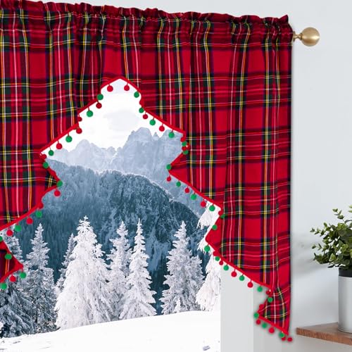 FRAMICS Christmas Tree Valance with Red and Green Pompom Buffalo Plaid Swag Tassel Rod Pocket for Kitchen Windows 52 W x 36 L 1 Panel - Image 3