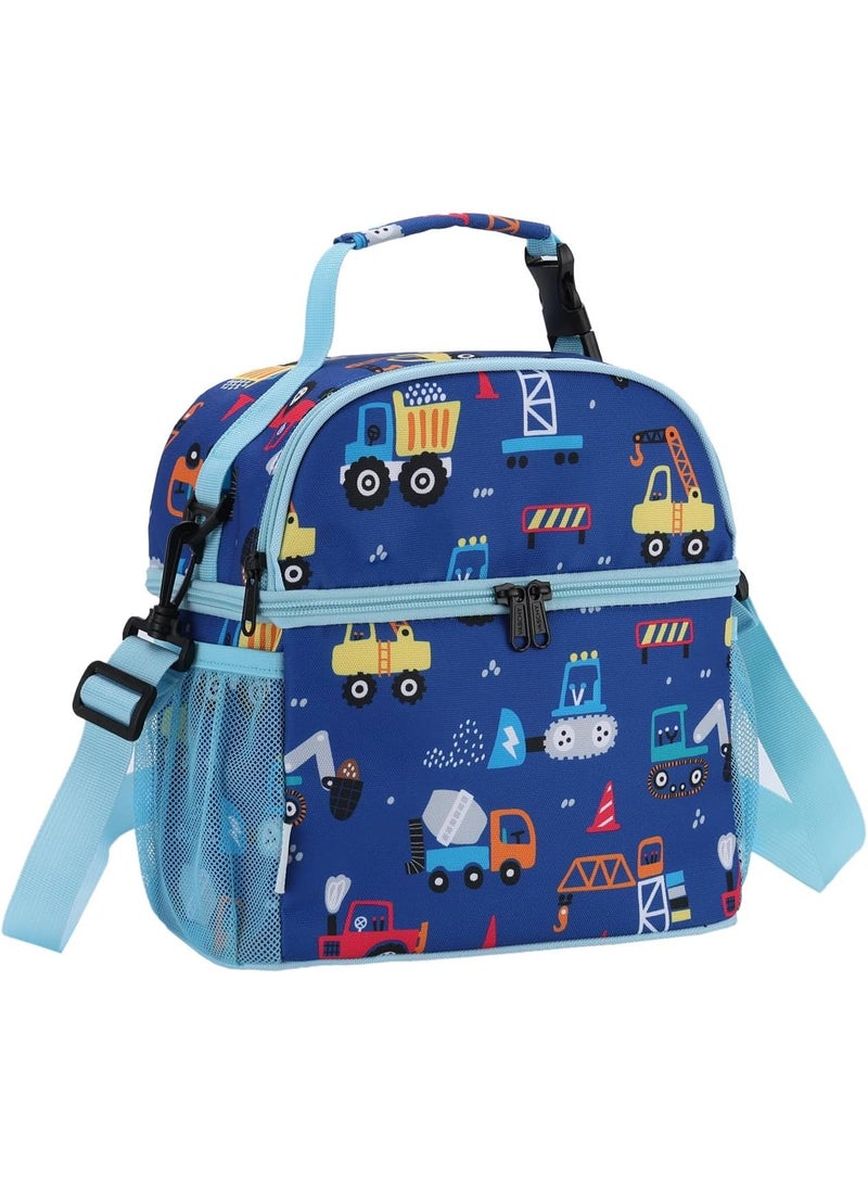 VASCHY Lunch Bag for Kids Boys, Insulated Double Compartments Cooler Lunch Box Tote Bag with Adjustable Shoulder Strap for Toddlers Girls School/Daycare/Picnic Blue Vehicles - Image 1