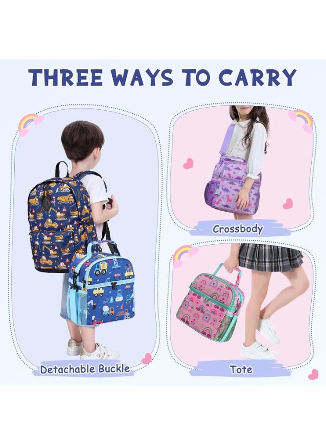 VASCHY Lunch Bag for Kids Boys, Insulated Double Compartments Cooler Lunch Box Tote Bag with Adjustable Shoulder Strap for Toddlers Girls School/Daycare/Picnic Blue Vehicles - Image 2