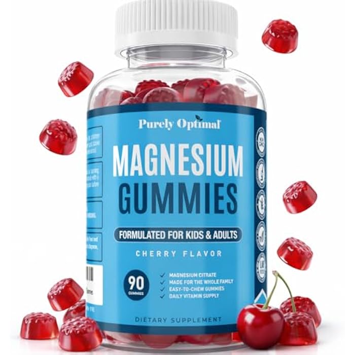 Purely Optimal Magnesium Citrate Gummies for Kids & Adults - Delicious Cherry Flavor - Sleep, Calm & Digestive Support, Relaxation, Muscle Health - Chewable Magnesium, Gluten-Free, Vegan - 90 Gummies - Image 1