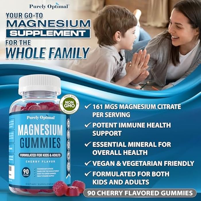 Purely Optimal Magnesium Citrate Gummies for Kids & Adults - Delicious Cherry Flavor - Sleep, Calm & Digestive Support, Relaxation, Muscle Health - Chewable Magnesium, Gluten-Free, Vegan - 90 Gummies - Image 4