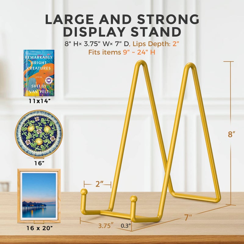 TRLife TR-LIFE 8 Inch Large Plate Stands for Display - Metal Plate Holder Display Stand + Frame Holder Stand for Picture, Decorative Plate, Platter, Plaques, Book, Photo Easel Tabletop (Gold 2 Pack) - Image 3
