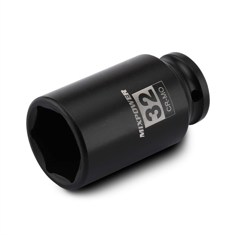 MIXPOWER 12 Drive Deep Impact Socket CRMO 32mm METRIC 6 Point Axle Nut Impact Grade Socket for Easy Removal