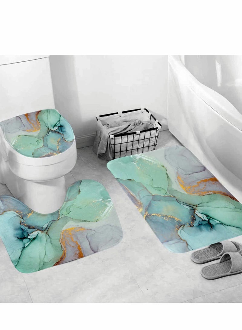Excefore Bathroom Rugs Set, 3 Pcs Shower Rugs, Green Colourful Marble Shower Rugs for Bathroom Decor Set with Watercolor Abstract Ink Paint Blue Green Jade Printing Decor - Image 1
