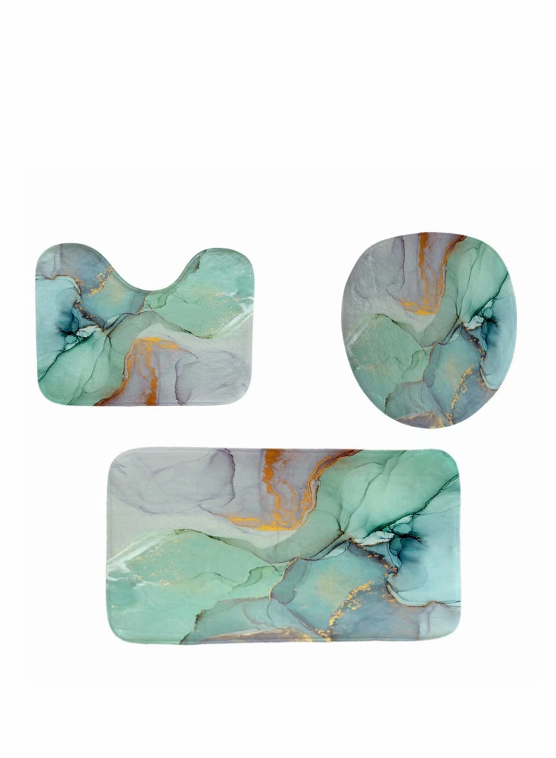 Excefore Bathroom Rugs Set, 3 Pcs Shower Rugs, Green Colourful Marble Shower Rugs for Bathroom Decor Set with Watercolor Abstract Ink Paint Blue Green Jade Printing Decor - Image 4