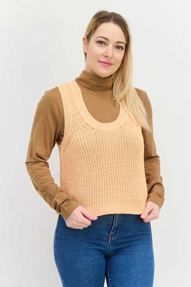royalty Women U-Neck Sleeveless Knitted Tank Top, Orange - Image 1