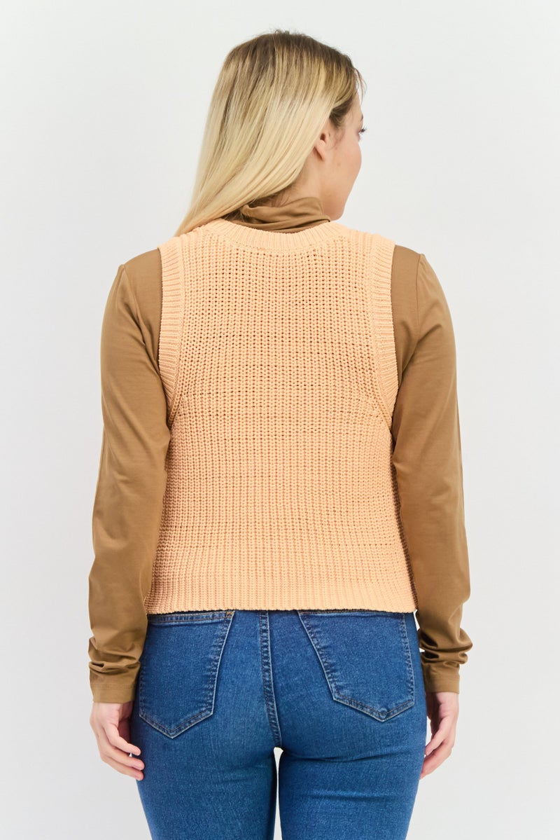 royalty Women U-Neck Sleeveless Knitted Tank Top, Orange - Image 3