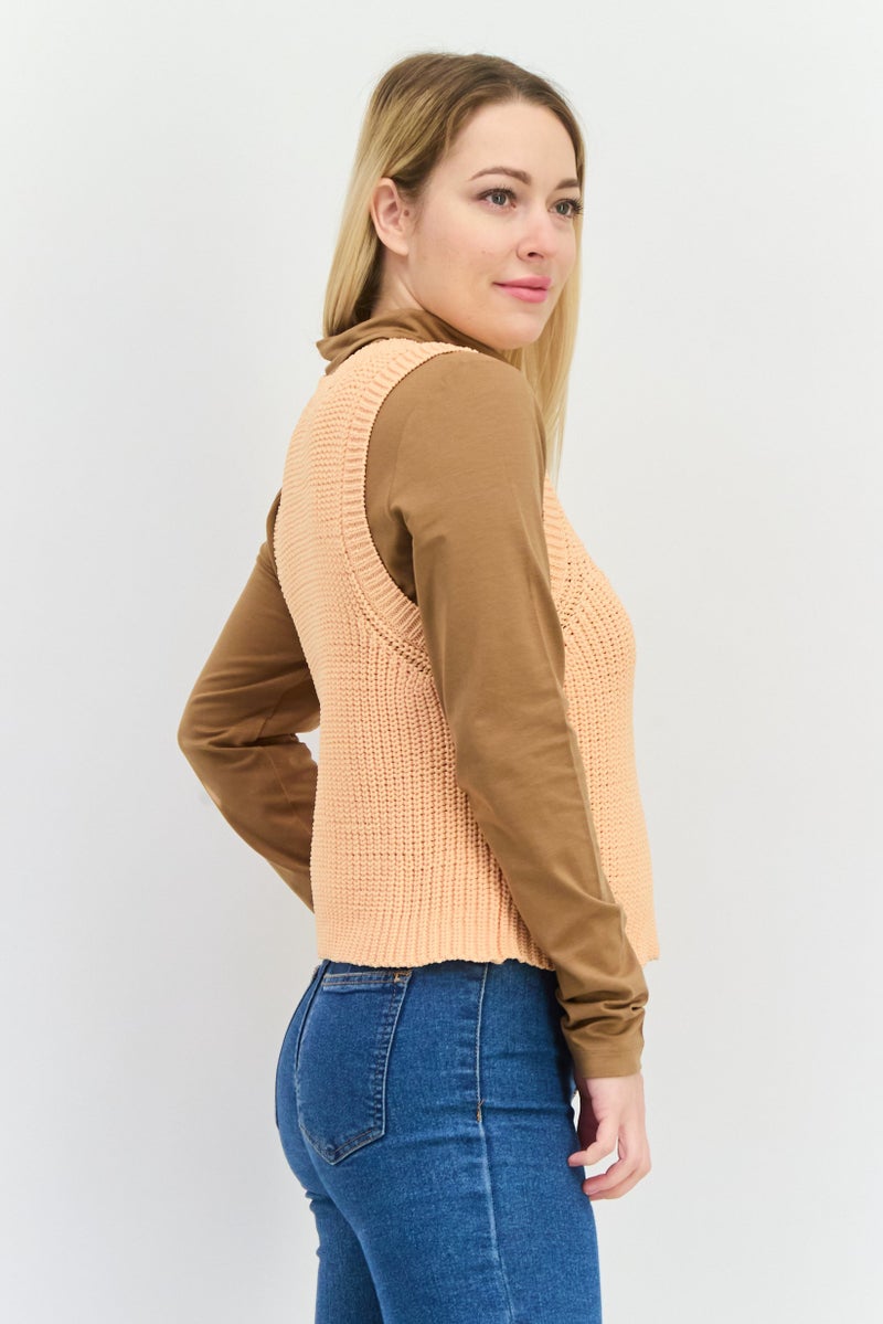 royalty Women U-Neck Sleeveless Knitted Tank Top, Orange - Image 2
