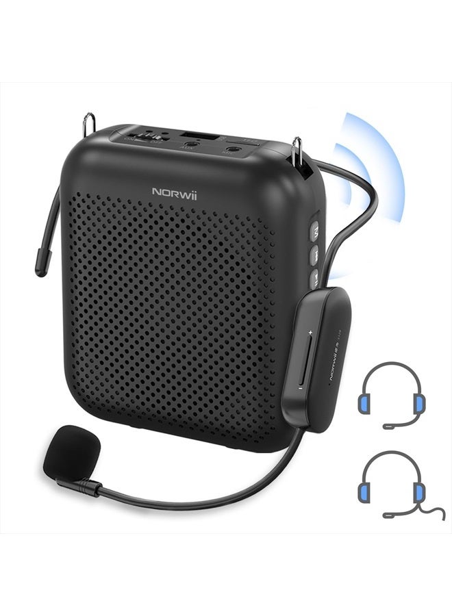 Norwii Voice Amplifier Wireless Microphone , 4000mAh Portable Rechargeable Bluetooth Mini Personal Speaker with 2 Headset Microphones for Teachers, Classroom, Meetings and Tour, Black - Image 1