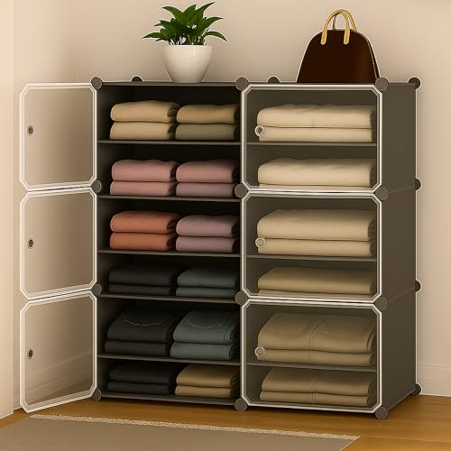 AYSIS Portable Collapsible Wardrobe for Clothes Storage 𝟏𝟐 𝐒𝐡𝐞𝐥𝐟 & 𝟔 𝐃𝐨𝐨𝐫𝐬 – Cloth Organizer Cupboard/Multipurpose Storage Organizer/Closet for Bedroom/Living Room/Laundry Room - 𝐆𝐫𝐞𝐲 - Image 1