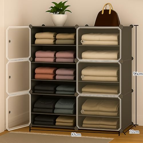 AYSIS Portable Collapsible Wardrobe for Clothes Storage 𝟏𝟐 𝐒𝐡𝐞𝐥𝐟 & 𝟔 𝐃𝐨𝐨𝐫𝐬 – Cloth Organizer Cupboard/Multipurpose Storage Organizer/Closet for Bedroom/Living Room/Laundry Room - 𝐆𝐫𝐞𝐲 - Image 2